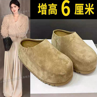 Thick-Soled Heightening Birkenstock Shoes for Women 2024 New Autumn and Winter Outer Wear Frosted Muller One-Leg Thick-Soled Baotou Half-Slippers