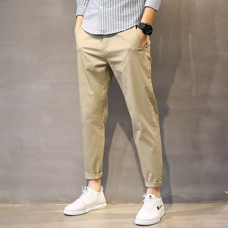 2024 Men's Elastic Waist Casual Pants Thin Micro-elastic Straight-tube Small Straight-legged Youth Trousers Fashionable Urban All-match