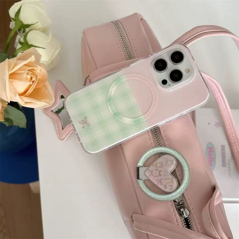 Estilo coreano ins florece costura a cuadros para iPhone16 soporte de amor 15ProMax funda para teléfono móvil Apple 14P