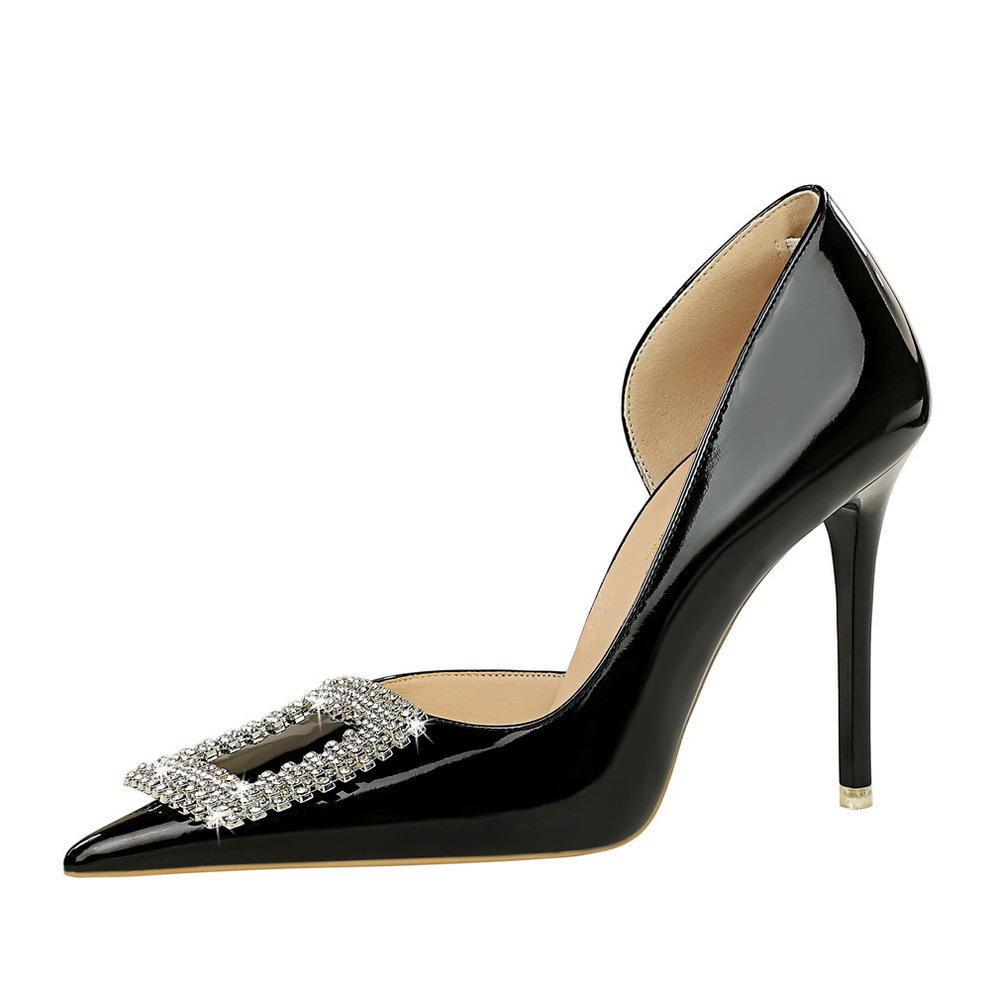 Stiletto High Heel Pumps Patent Leather Pointed Toe Rhinestone_voghion.com