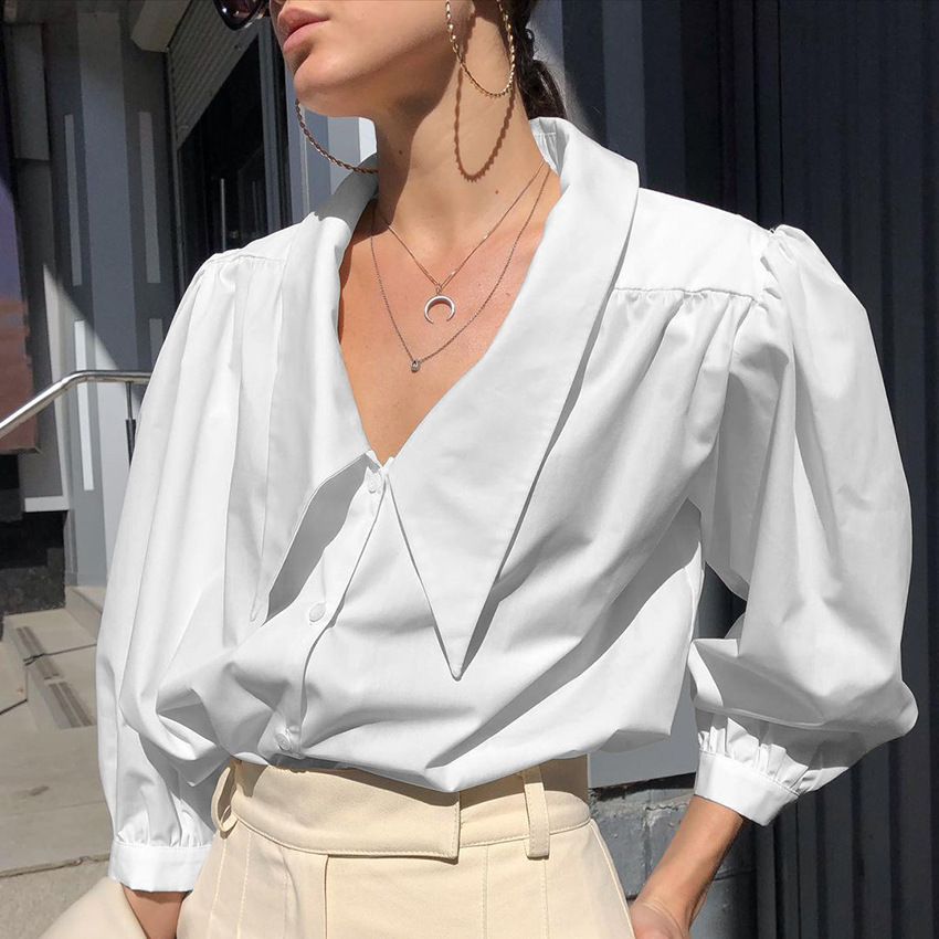 2021 Europe and America Lapel puff sleeve shirt Spring and summer New products Three Quarter Sleeve French temperament Design shirt jacket