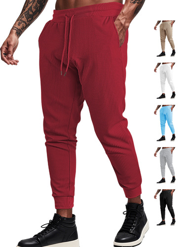 Men's European and American Cross-border Summer Sports Casual Loose Breathable Solid Color Checkerboard Tied Rope Long Pants Leisure Pants