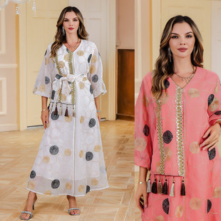 Dubai Arabian Women's Fashionable Elegant V Neck Long-Sleeved Sequin Dress Middle Eastern Clothing Abaya Robe