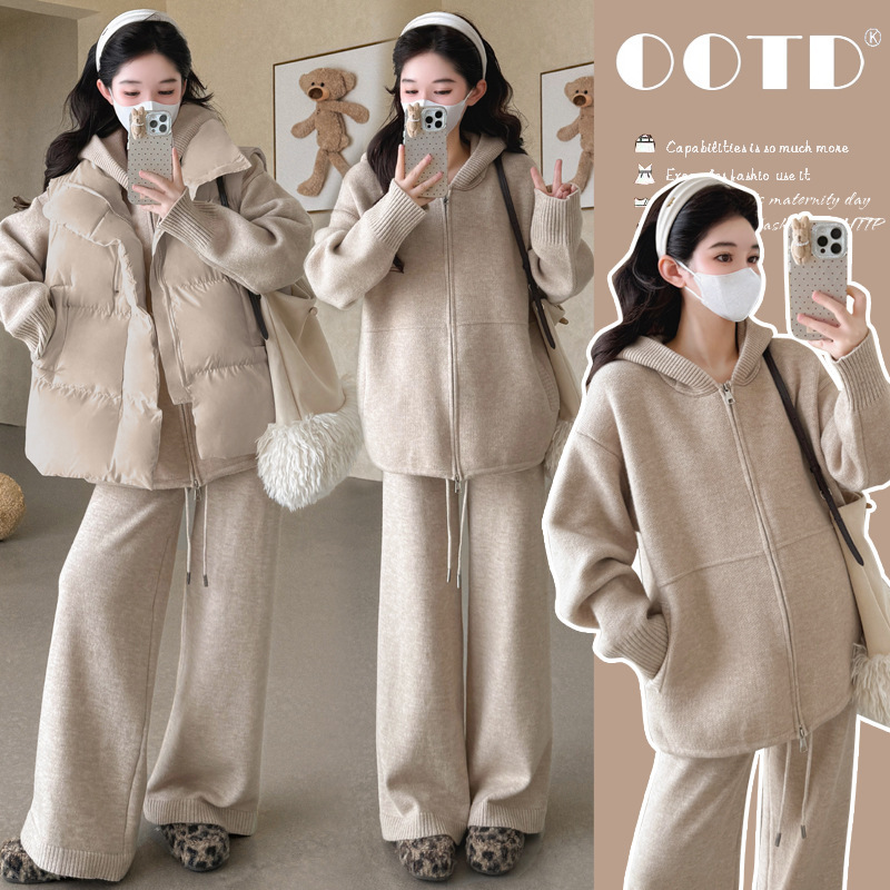 Maternity Wear 2025 Autumn and Winter New Thickeneded Korean Style Simple Hooded Sweater Wide-Leg Pants Cotton Vest Suit