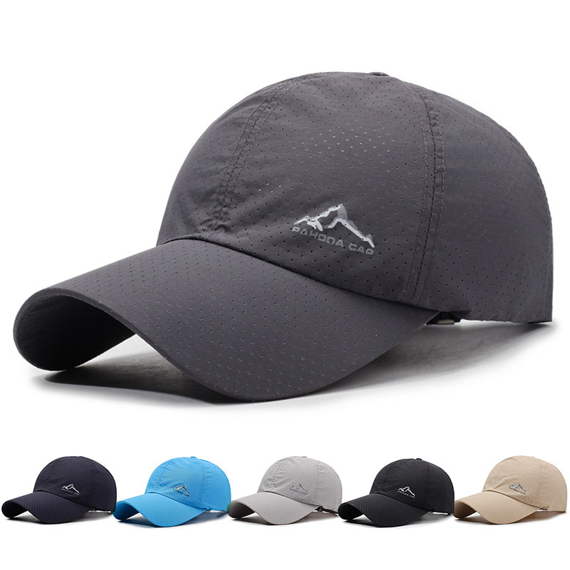 Zomerse zonbeschermende sneldrogende pet voor heren, geschikt voor buitenactiviteiten en reizen. Ademend, geperforeerd mesh met print van een bergtop. Baseballpet._voghion.com