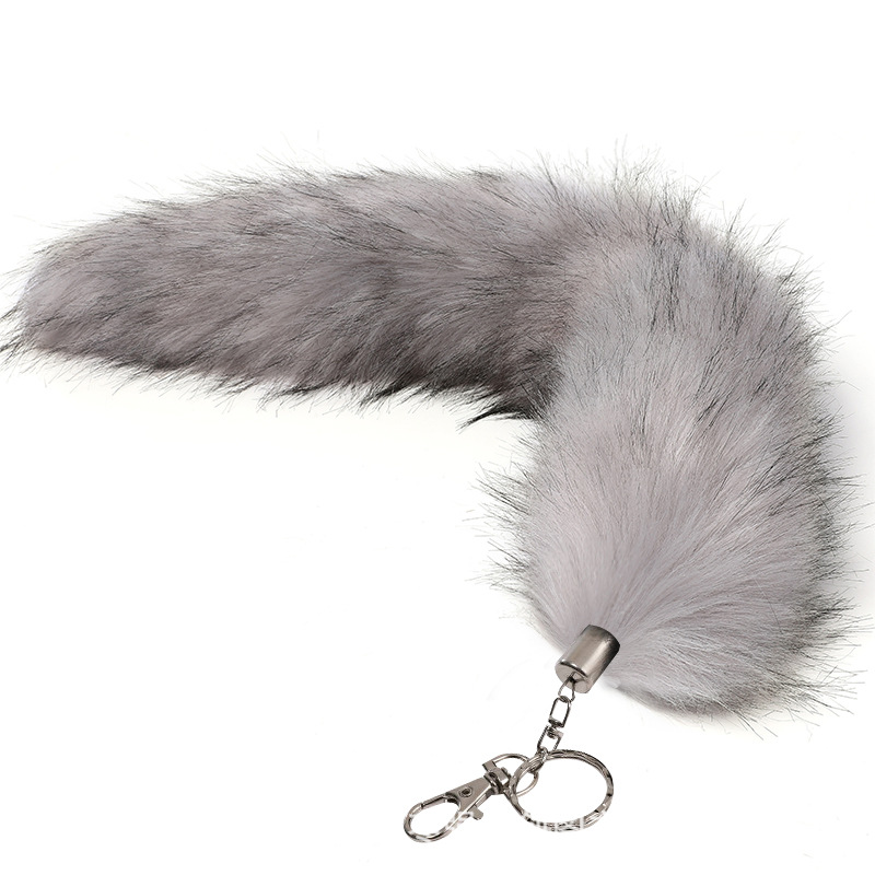 LLavero de cola de zorro de gran tamaño colgante de las mujeres llavero de coche bolsa colgante de piel real