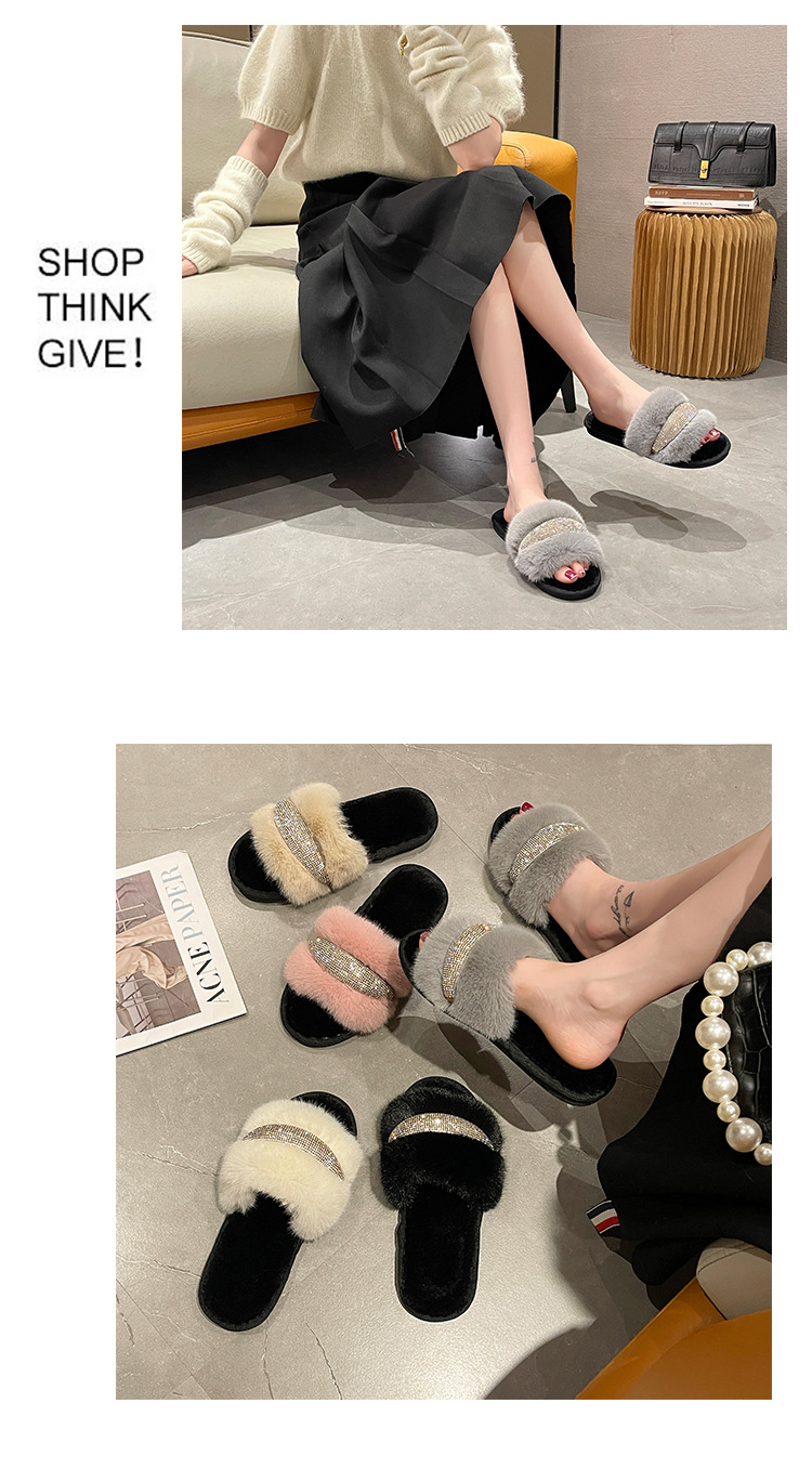 Pantofole piatte in cristallo di nuova pelliccia per il commercio estero con diamanti Moda donna alta e bassa in lana con apertura a una linea in cotone transfrontaliero_voghion.com