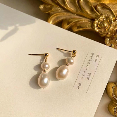 natural Freshwater pearl earrings s925 Silver needle Retro Simplicity senior Baroque Earrings Earrings Korean Edition