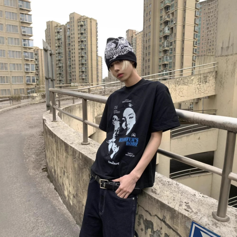 2026 New American Retro Style Portrait Band Vine Heavyweight Short-Sleeve Men's T-Shirt Couple Tops Short-Sleeve T-Shirt Trendy
