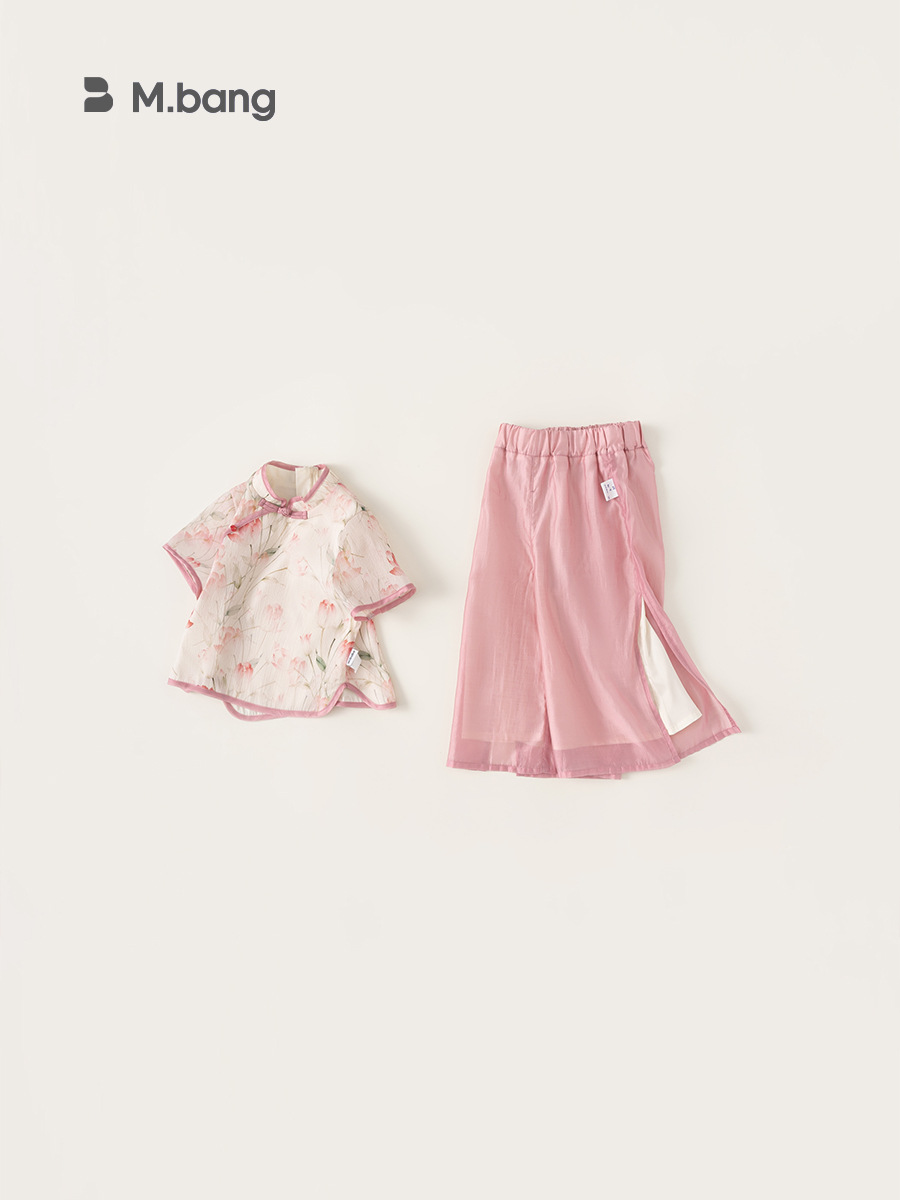 Yubao ropa infantil para niñas estilo nacional de verano para niños de mediano y medio estilo chino nuevo chaqueta de flores delgada pantalones de piernas anchas dos piezas