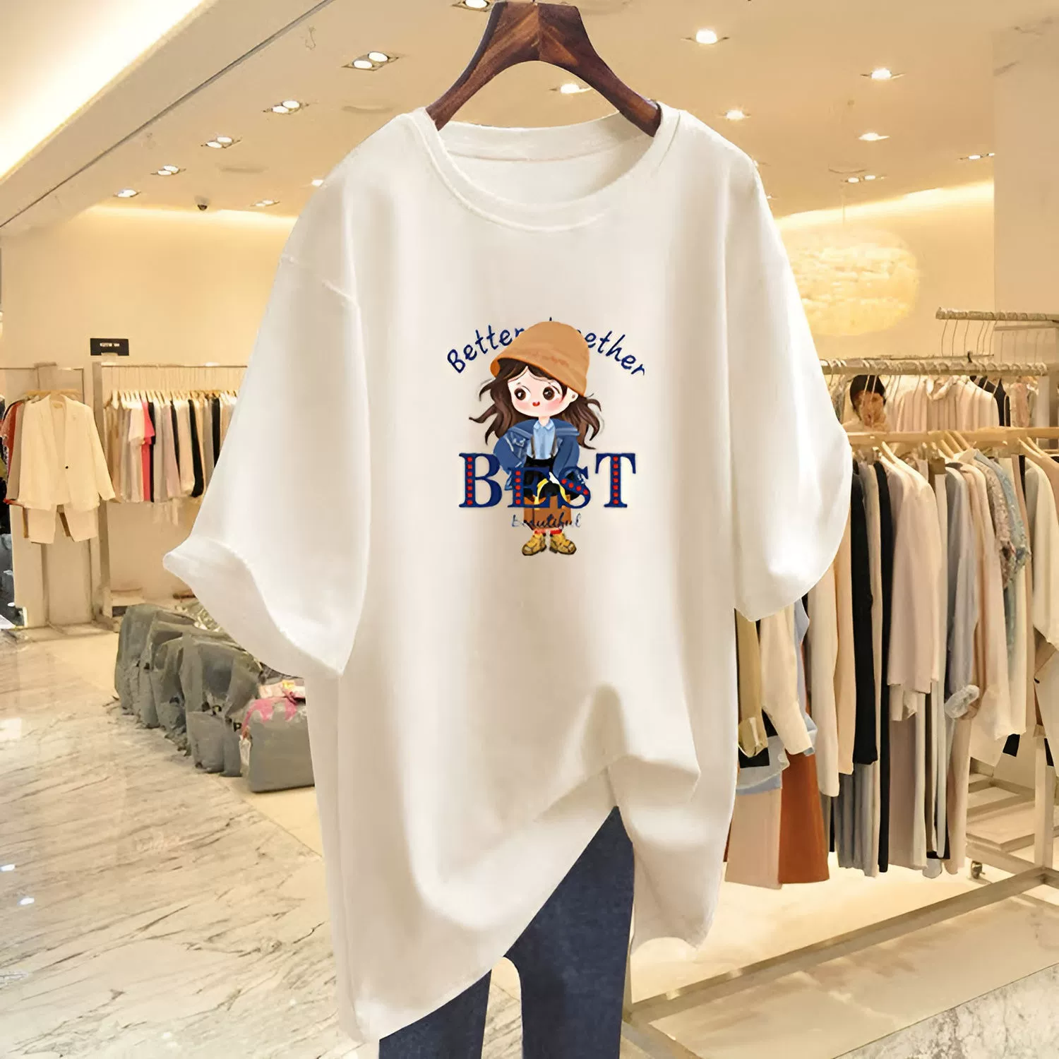 Летняя футболка из чистого хлопка большого размера средней длины, закрывающая бедра, 2025, с короткими рукавами, новый свободный топ в корейском стиле с принтом, уменьшающий возраст, для женщин