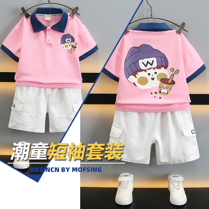 5712 Traje de impresión de dibujos animados para niños Camisa POLO de manga corta para bebés Traje de dos piezas de dopamina de verano para niños