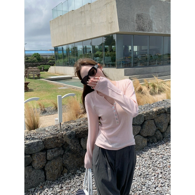 Jomi pink knitted sweater top for women, V-neck, loose fit, autumn 2026 new collection, casual style, early autumn outfit