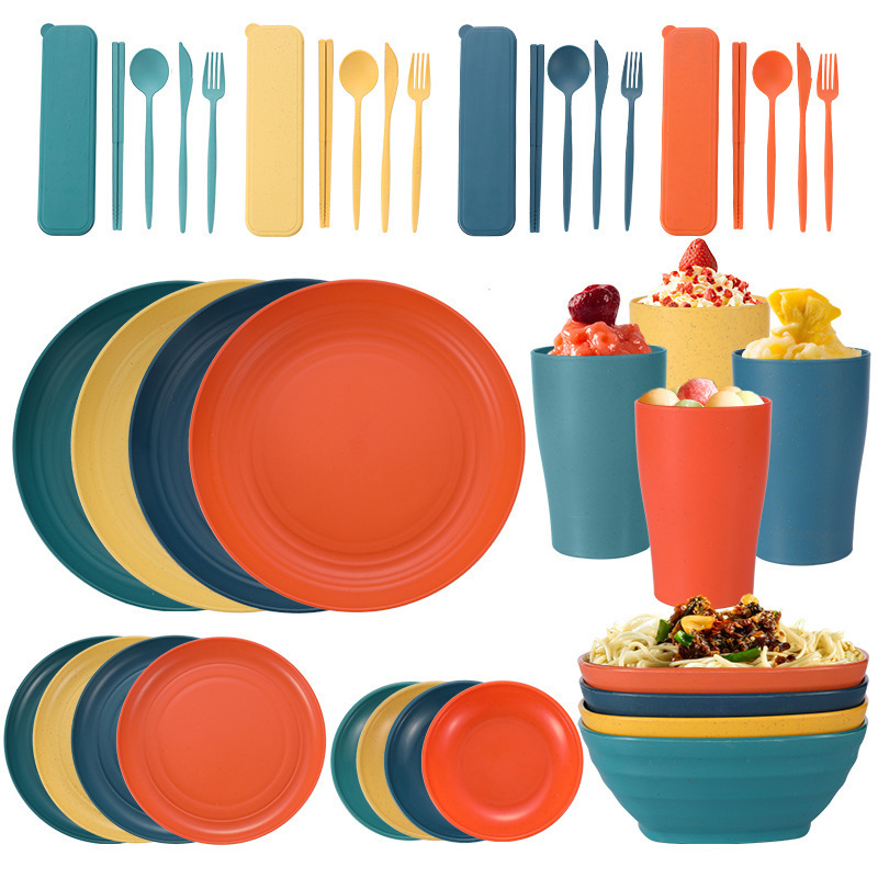 Amazon Wheat Straw Tableware Dishes, Plates, Cups, Knives, Forks, Spoons and Chopsticks, Plastic Plates and Bowls Set for 4 People