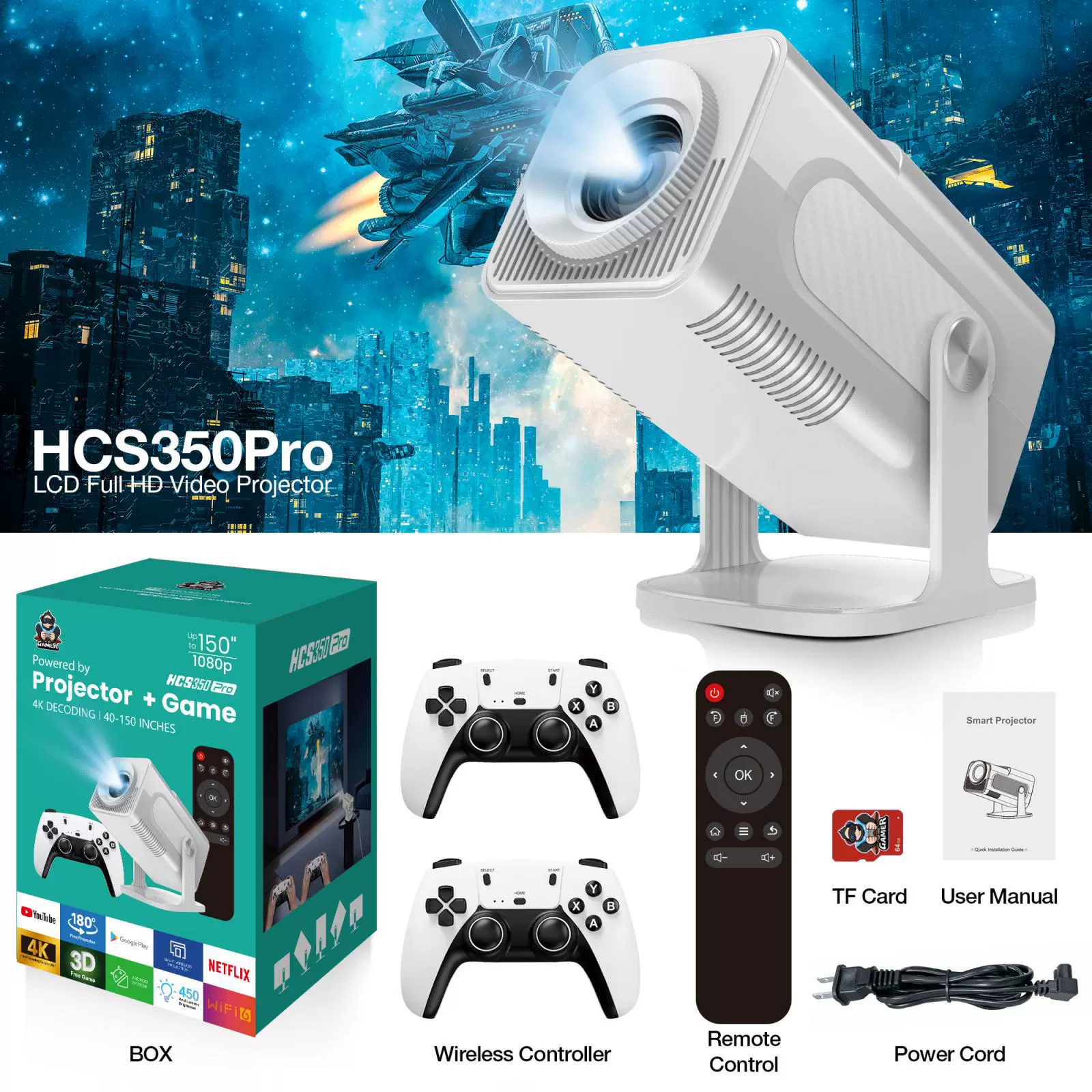 跨境HCS350Pro游戏投影仪超高清手机家用智能安卓投墙高清投墙