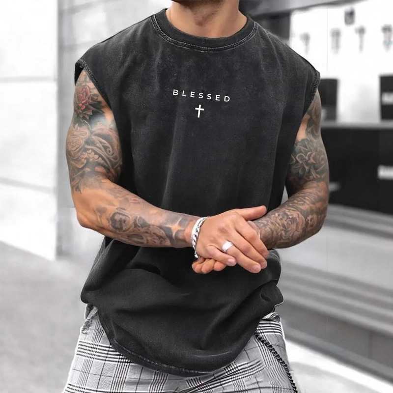 Cross-Border European Size Men's Loose-Fit Sleeveless Short T-Shirt, Pure Cotton
