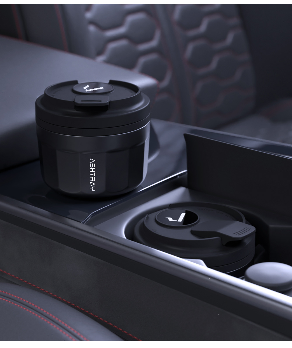 Low-profile car ashtray with lid, stainless steel interior, high-end car ashtray, in-car ashtray, anti-ash flying