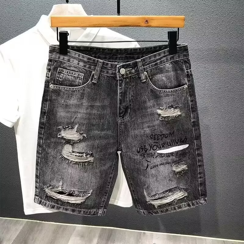Men's Denim Shorts, Short Irregular Patchwork Printed Mid-Length Pants, Versatile Trendy Boyfriend Style Loose Fit Men's Denim Shorts, Short Irregular Patchwork Printed Mid-Length Pants, Versatile Trendy Boyfriend Style Loose Fit