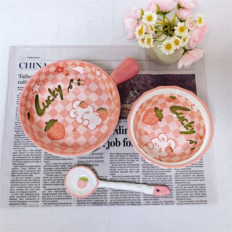 Strawberry Rabbit Handheld Bowl Underglaze Color Ceramic Tableware Set Handle Rice Bowl Dormitory Student Cute High-Value Flat Plate Strawberry Rabbit Handheld Bowl Underglaze Color Ceramic Tableware Set Handle Rice Bowl Dormitory Student Cute High-Value Flat Plate