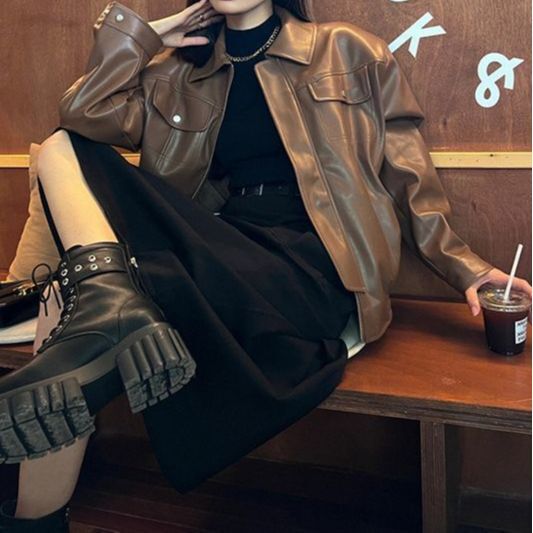 National Trend Internet Celebrity Spring and Autum Design Niche High-End Vibe Jacket Top Brown Pu Leather Motorcycle Jacket National Trend Internet Celebrity Spring and Autum Design Niche High-End Vibe Jacket Top Brown Pu Leather Motorcycle Jacket