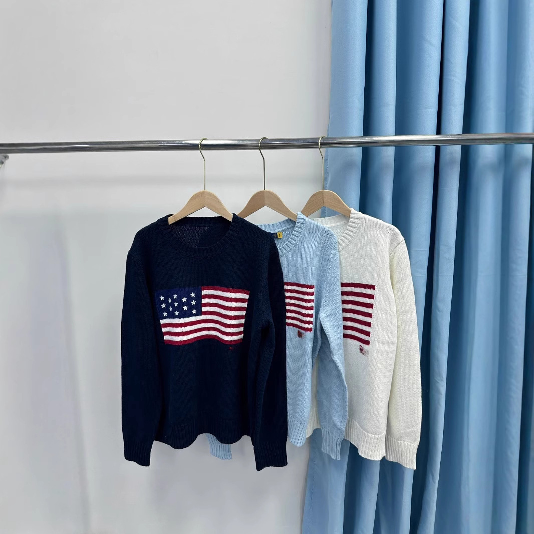 Autumn and winter 2024 new RL heavy industry five-pointed star embroidery striped flag pullover round neck knitted women's sweater