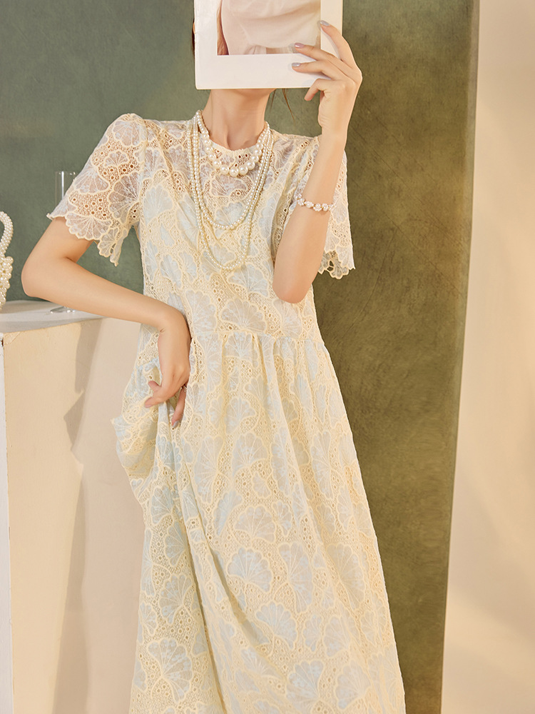 Đầm maxi nữ phong cách dân tộc dáng rộng, tay ngắn, thắt eo, thiết kế cổ tích mùa hè — Màu xanh lam hồng