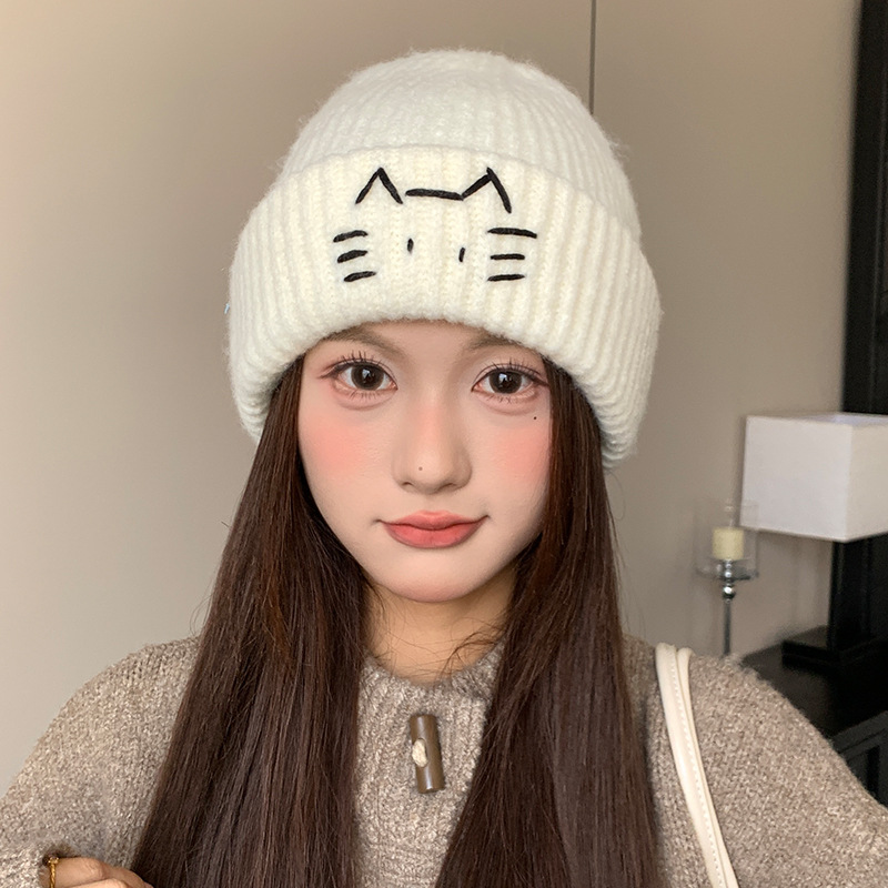 甜美可爱猫耳朵针织帽子女秋冬季保暖百搭大头围显脸小护耳毛线帽