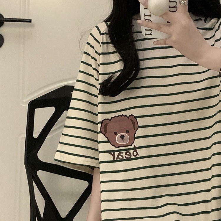 Pijamas de verano para mujeres nuevas rayas simples dulces caricaturas osos sueltos estudiantes ropa de hogar pijamas de cabello