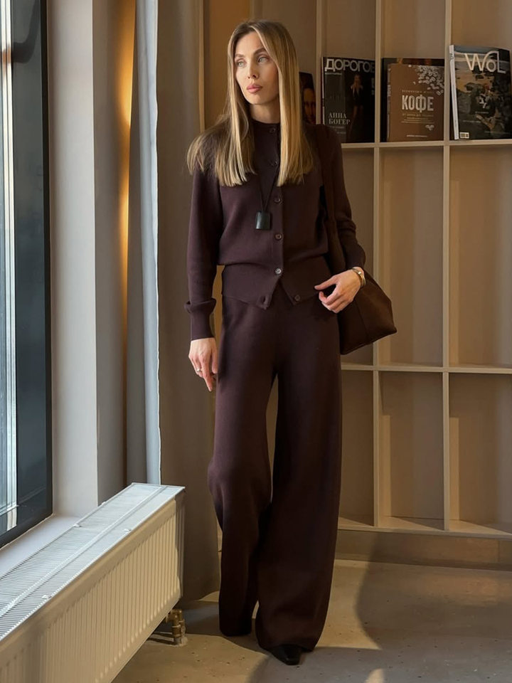 Bộ len dệt kim nữ áo cardigan tay dài quần dài màu trơn — Màu nâu, màu xám, mơ chi tiết 60
