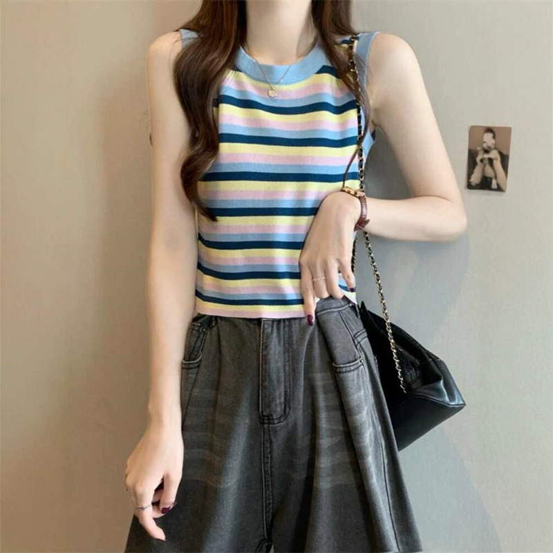 Dopamine Rainbow Striped Knit Camisole for Women, Summer Thai Style Bright Dopamine Outfit, Beach Sleeveless Top