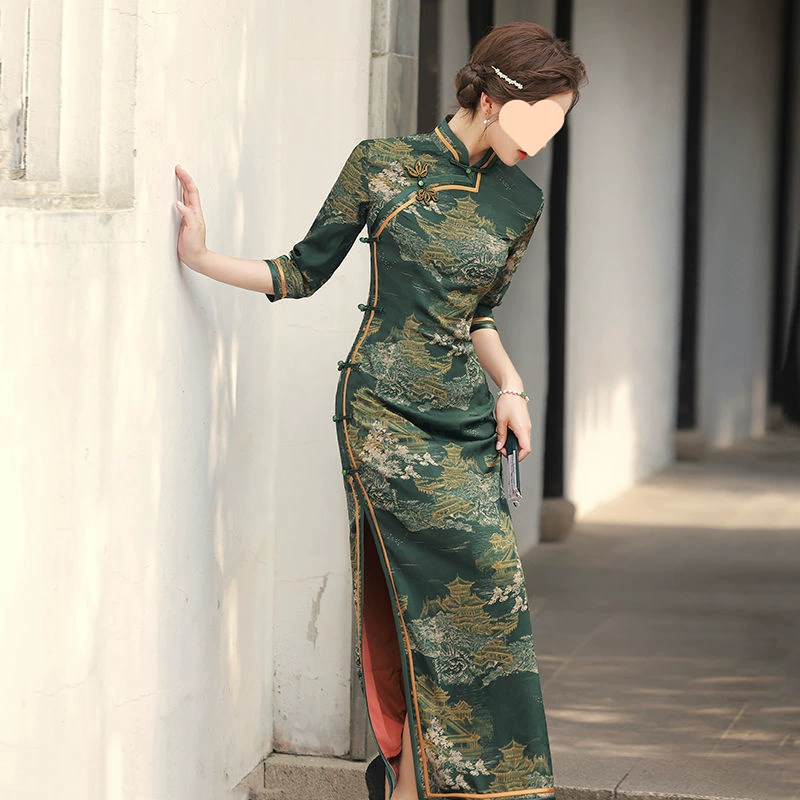 Высококачественное весенне-осеннее длинное повседневное платье Cheongsam в молодом стиле в стиле ретро, ​​новое тонкое платье в китайском стиле, новое утягивающее платье с рукавами три четверти