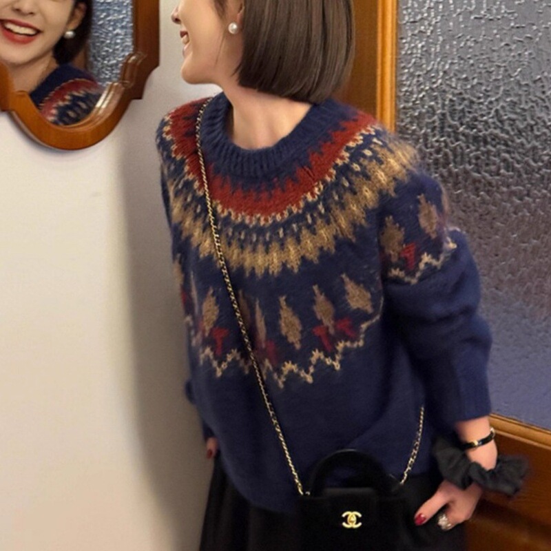 Fair Isle Knitted Mohair Sweater Women's Autumn and Winter Korean Christmas Atmosphere Loose Lazy Style Navy Blue Top