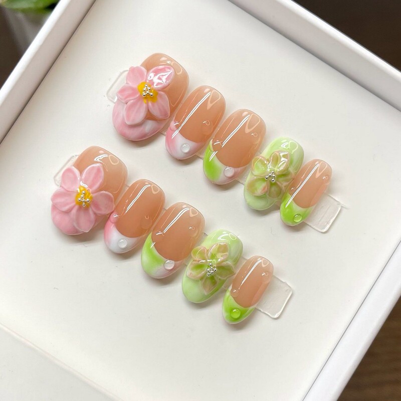 Mid-Length Dopamine Ice Transparent Carved Hot Girl Whitening Almond Manicure Handmade Wearable Nails Hot Selling Cross-Border Europe and America