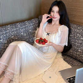 实拍夏季新款网纱蕾丝花边睡裙女甜美公主风带胸垫长款波点家居服