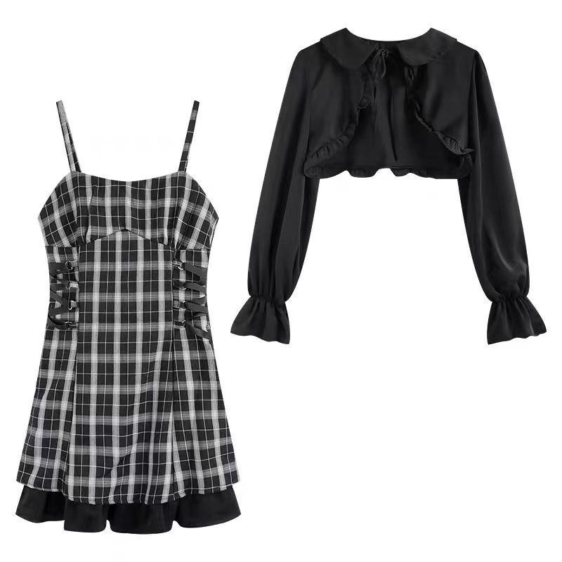 2023 봄 새로운 대형 여성 의류 통통녀 흑백 격자 슬링 원피스 타이트한 허리 슬리밍 러플 A 라인 스커트