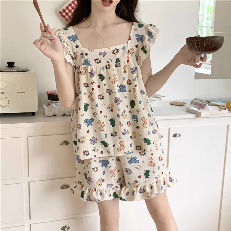 Summer 2025 New Pajamas for Women Japanese Style Fresh Vest Shorts Woven Thin Airplane Sleeve Home Wear Set