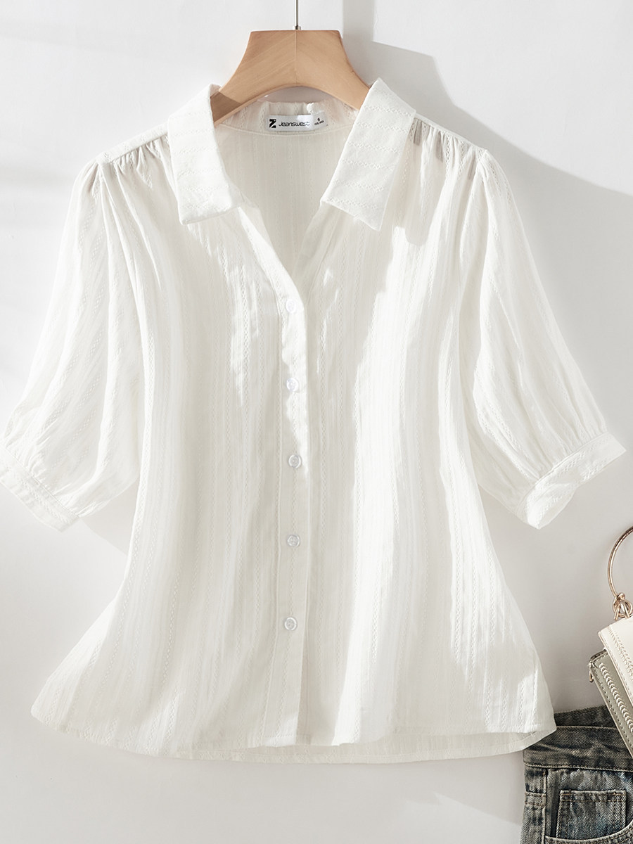 Áo sơ mi polo nữ tay ngắn cổ bẻ chất liệu cotton phối màu trơn thanh lịch — xanh lam