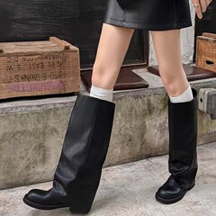 欧美风长筒靴尖头高跟裤管靴秋冬新款网红套筒细跟纯色骑士时装靴