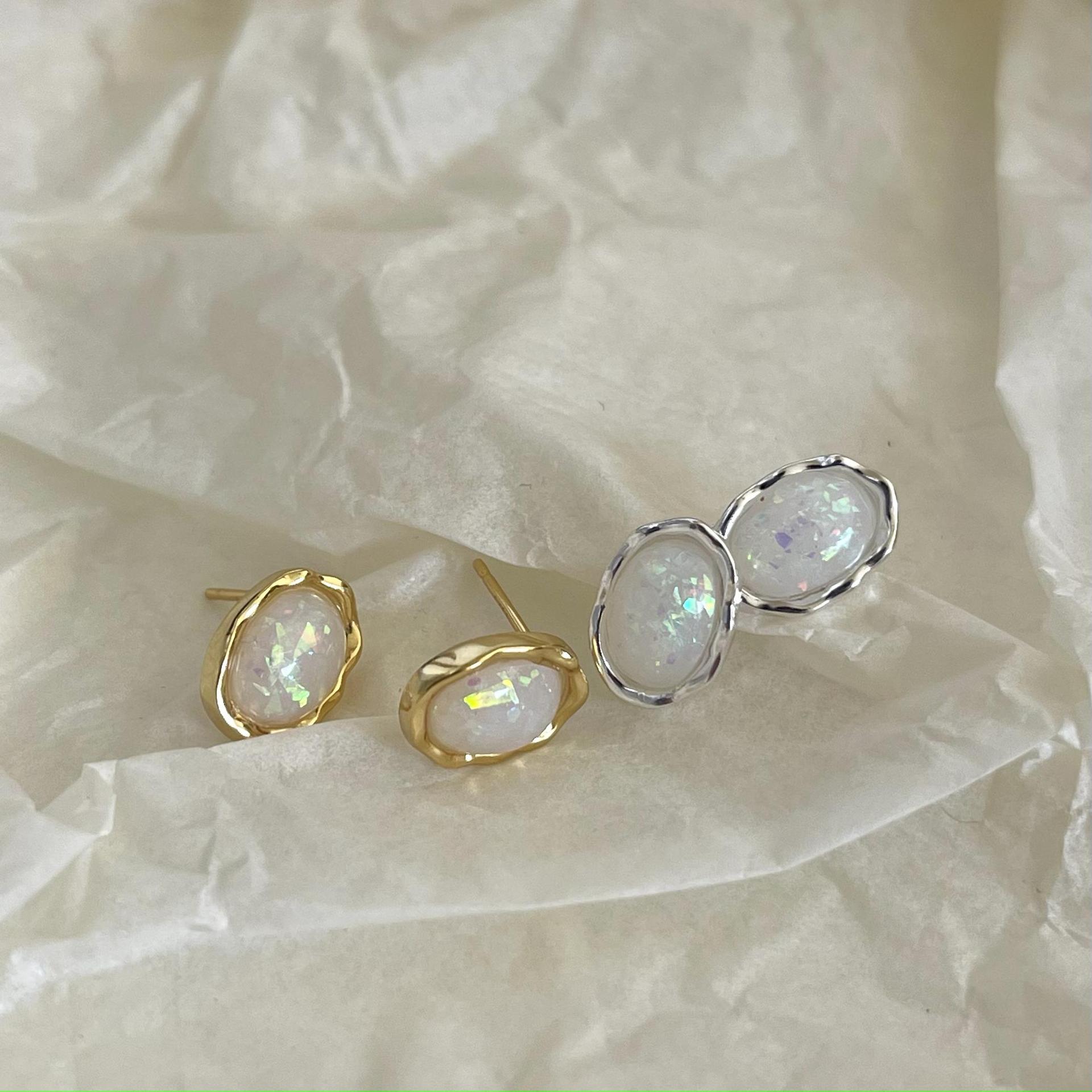 Opal Stone Inlay Material 1 Pair 18K Gold Plated 925 Sterling Silver Opal Stone 925 Sterling Silver Earrings Oval Ear Studs