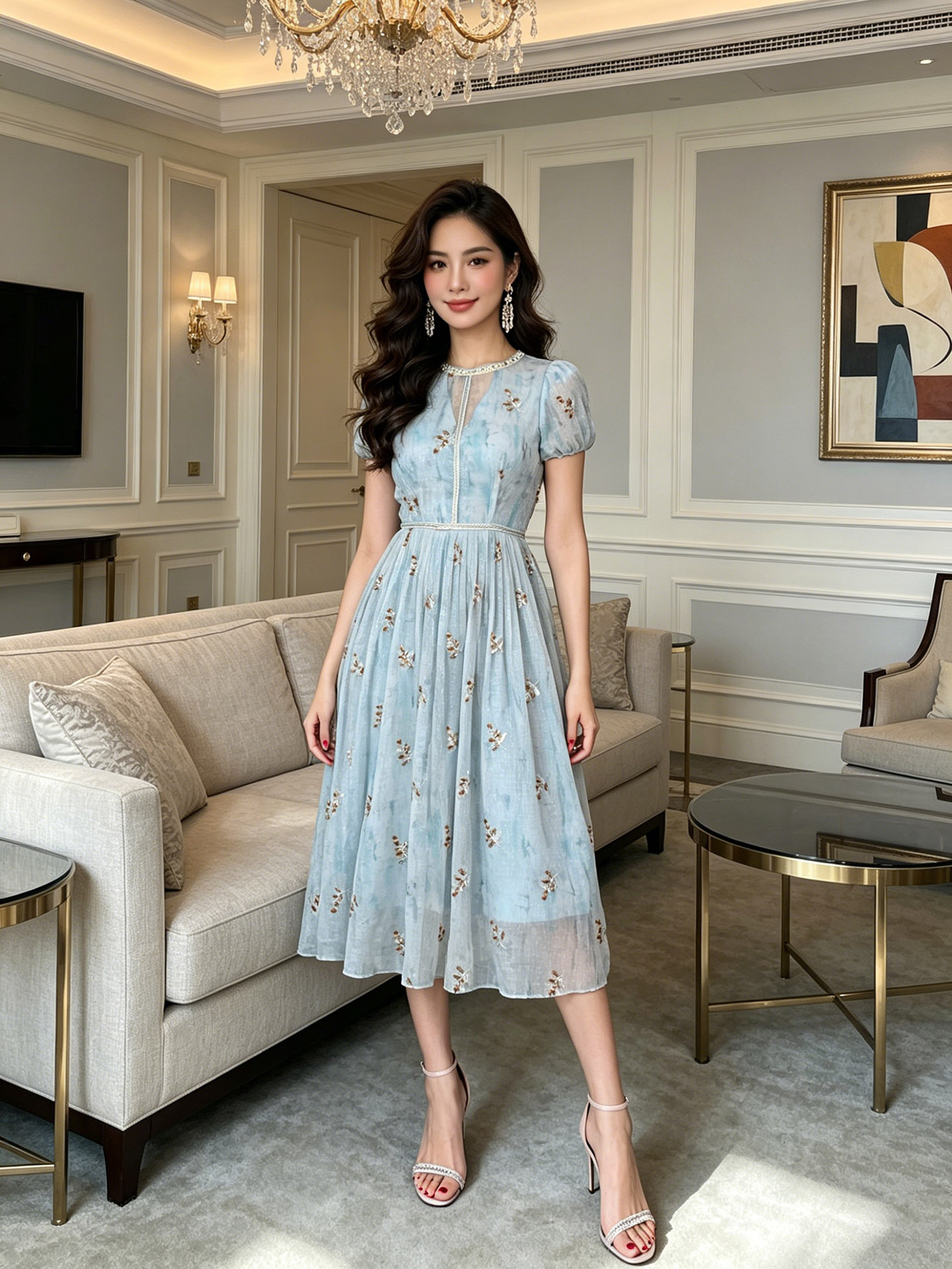 Đầm maxi nữ thắt eo họa tiết hoa nhí phong cách Pháp — Xanh da trờicolor