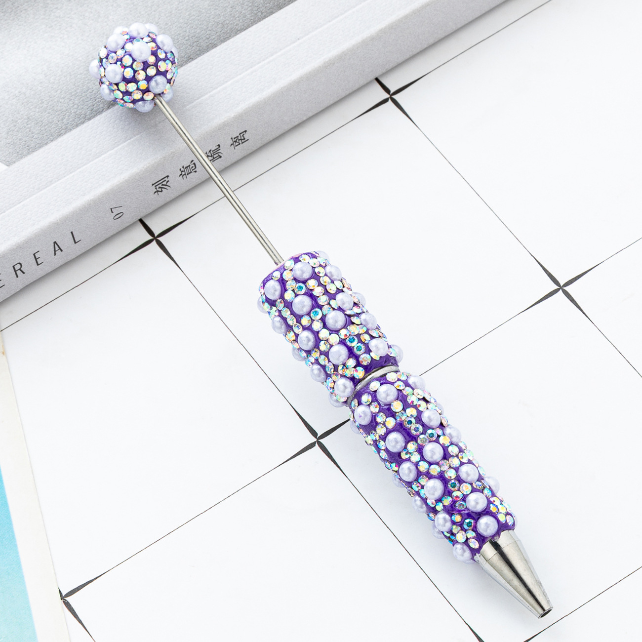 Bolígrafo con cuentas de perlas lleno de diamantes de bricolaje, bolígrafo con cuentas de perlas de diamantes pegados a mano, bolígrafo con cuentas de plástico multicolor