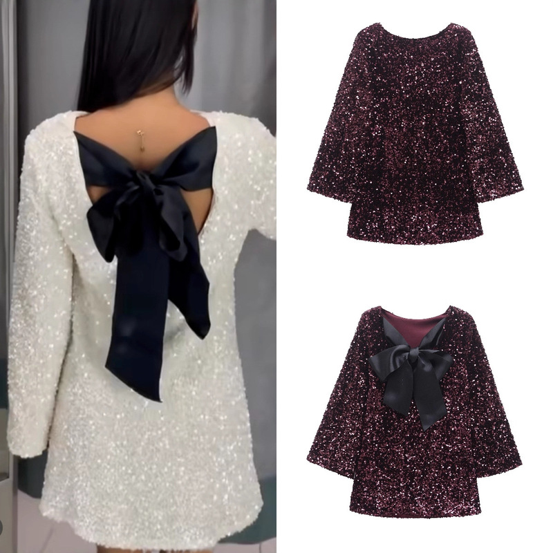 Hm European and American Style Cross-Border Export Spot 2025 New Women's Fashion Party Sequin Bow Dress