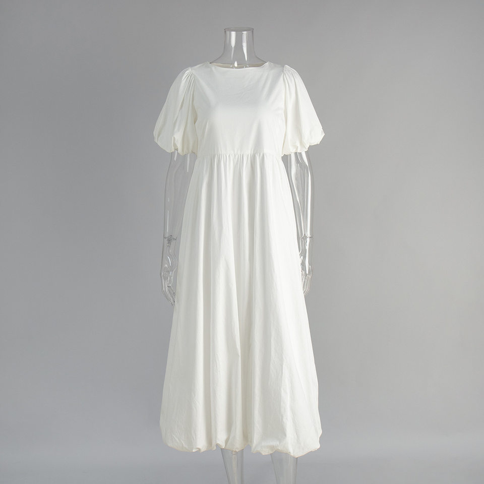 Đầm liền nữ cổ tròn tay phồng cotton dáng rộng màu trơn — Màu trắng chi tiết 5