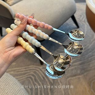 ♤ The Boss Lady's Own Accessible Luxury * Pearl 304 Stainless Steel Spoon Imitation Ceramic Handle Round Spoon Girl's Heart Eating Spoon Soup