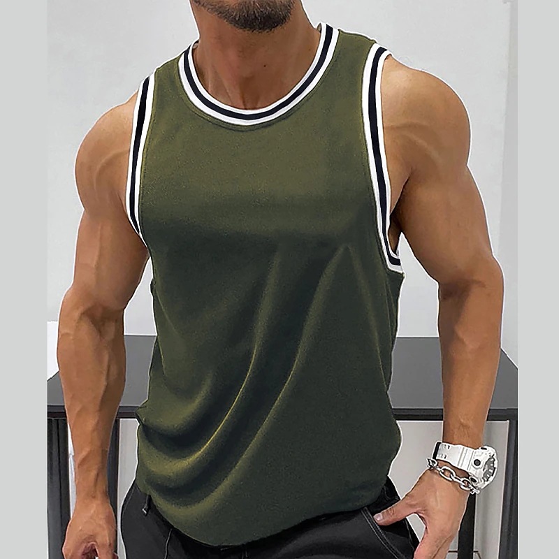 Men's Sleeveless Vest Solid Color Ribbed Edge Round Neck Fitness Sports Top For Outdoor Daily Wear Cross Border Style_viptrois.com