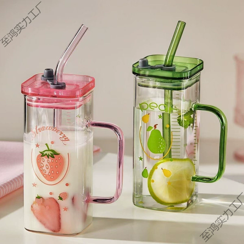 Стеклянная чашка с соломинкой, стильная офисная кружка большой емкости с ручкой, квадратной формы, устойчивая к высоким температурам, простой дизайн.