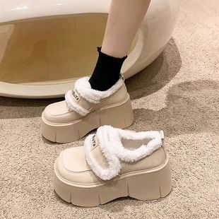 2024 New Thick-Soled Height-Increasing Casual Cotton Shoes with Plush Lining, Warm Plush Velcro Small Leather Shoes, Versatile Platform Shoes