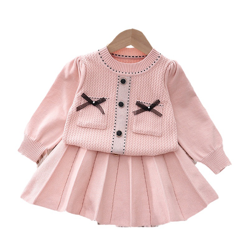 Mädchen Koreanischer Strickrock für Mädchen, Größe 90-130, modischer Rundhalspullover, Faltenrock, zweiteiliges Set_voghion.com