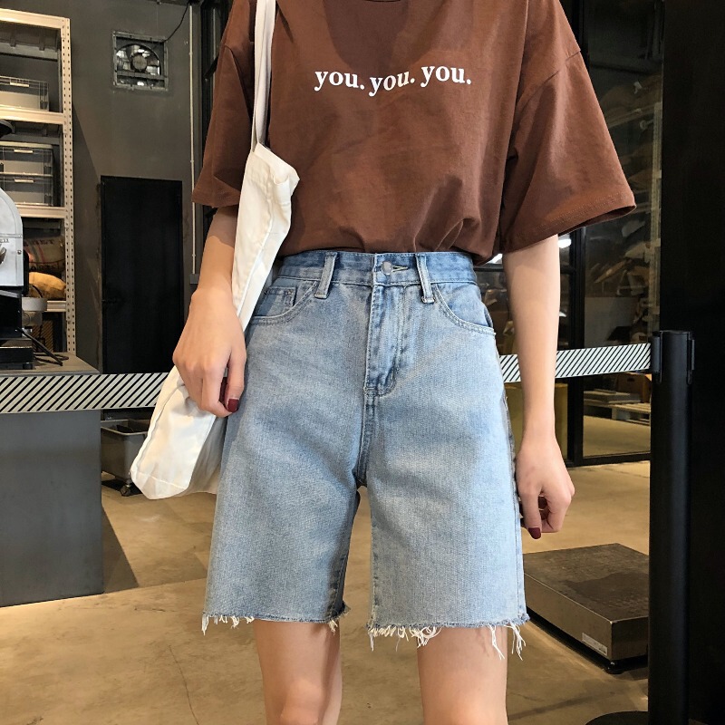 Denim Shorts Women's Summer 2023 New Straight Half-length Pants Loose Slimming Riding Rapped Wide Leg Middle Pants