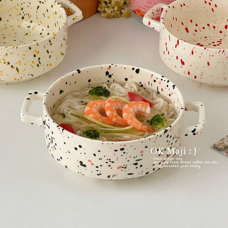 Splatter-paint double-handled bowl, underglaze ceramic noodle bowl, ins-style breakfast cereal bowl, home-use eating bowl, fruit salad bowl